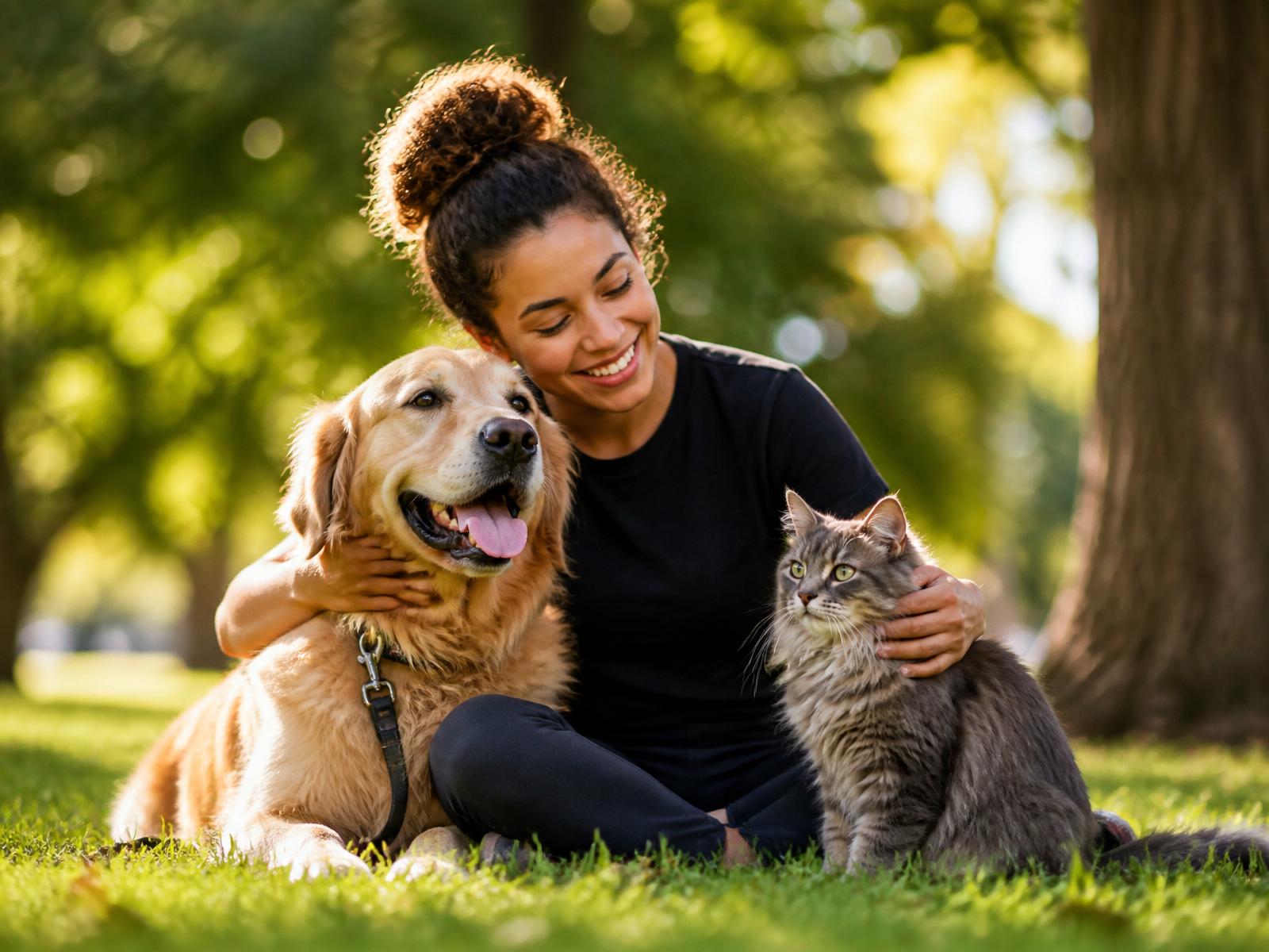 Cuidadora abraçando um cachorro golden e um gato cinza em parque ensolarado